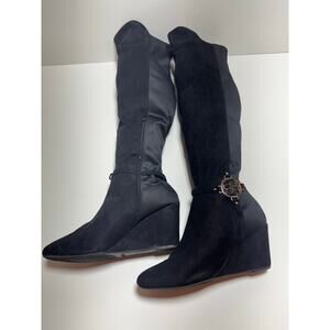 Bebe Women’s Hanan Sz9 M Black Knee High Boots Zip Up Wedge Heel Whimsy Goth